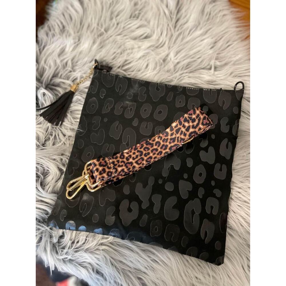 Black leopard cross body purse, womens, 2 straps leopard and black skinny